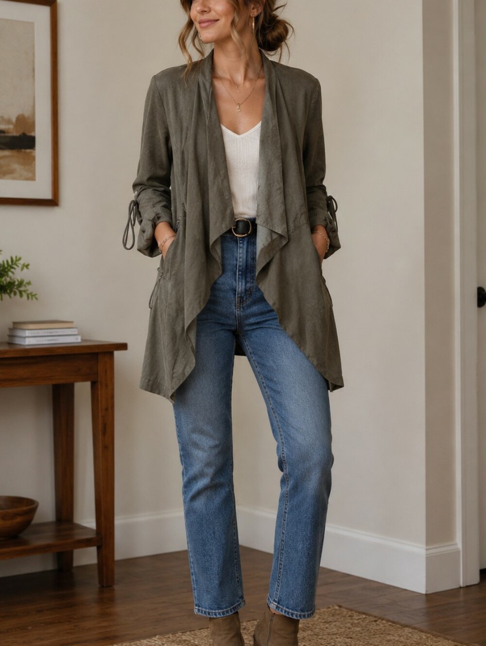 BKE Olive Open Drape Trench with Roll-Tab Sleeves.‎ Light Weight. Small.